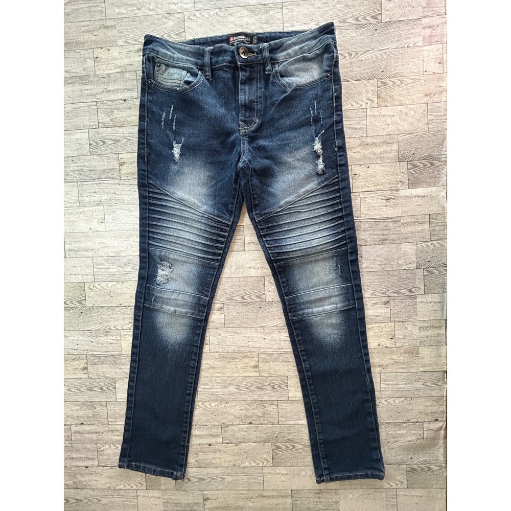 Southpole Mens Skinny Moto Jeans Dark Wash Distressed Biker Denim 29x30‎ Blue